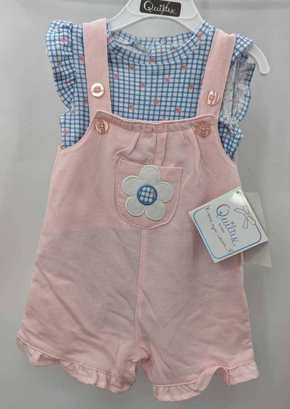 Quiltex Shortalls Pink Suspender Blue Plaid Floral Top 2 Piece Outfit 18mo NWT